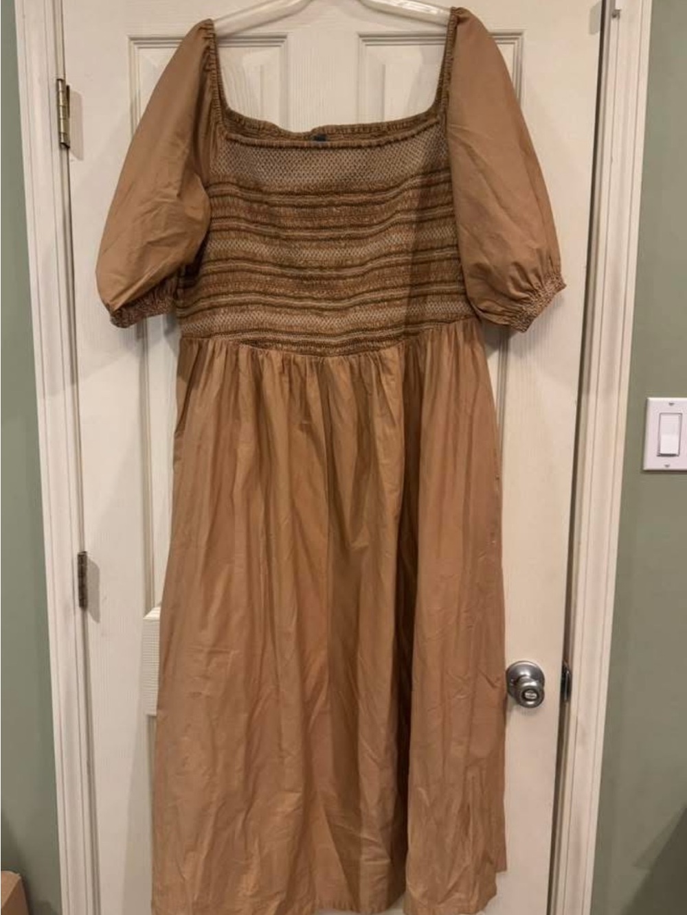 Old Navy Tan Smocked Puff-Sleeve Midi Dress